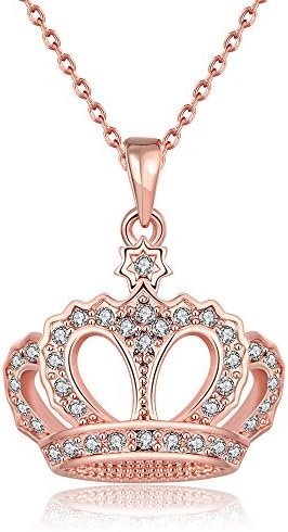 TANGMI 18K Princess Crown Pendant Sparkling Czech Drill Necklace with Rose Gold Plated, 18＂+2.5＂