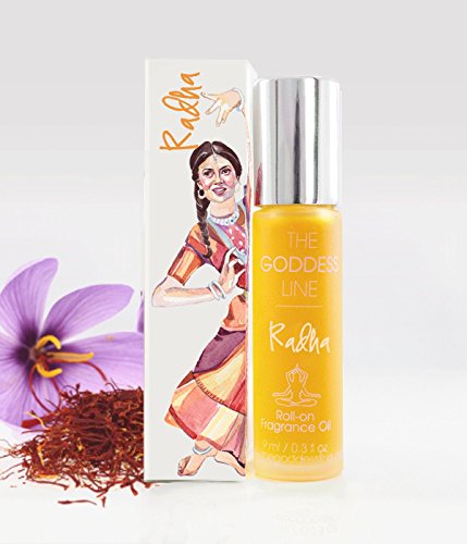 Radha 1/3 Ounce Roll On Fragrance - Organic Essential Oils Of: Bulgarian Rose, Peach, Saffron, Cinnamon, Black Pepper, Jasmine and Sandalwood.
