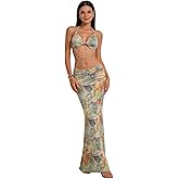 ZGMYC Women’s Layered Pearl Chain Tropical Maxi Dress Sexy Twist Front Backless Ruched Bodycon Dress Vacation Dresses