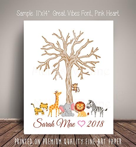 Jungle Safari Animals Thumbprint Tree Nursery Art -Serves as "Guest Book" for Baby Shower - Printed on Premium Quality Fine Art Paper SABT001