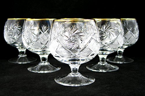 SET of 6 Russian Cut Crystal Cognac Scotch Whiskey Stemmed Snifter Goblet Glass 24K Gold Rimmed 10 Oz. Vodka Liquor Old-fashioned Glassware Hand Made