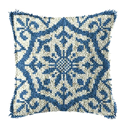 DIY Latch Hook Kits Pillow Blue Snowflake Flower with Pattern Printed Crochet Yarn Hooking Needlework Tapestry Hook Rug Crafts for Kids and Adults Home Sofa Decoration 43x43cm