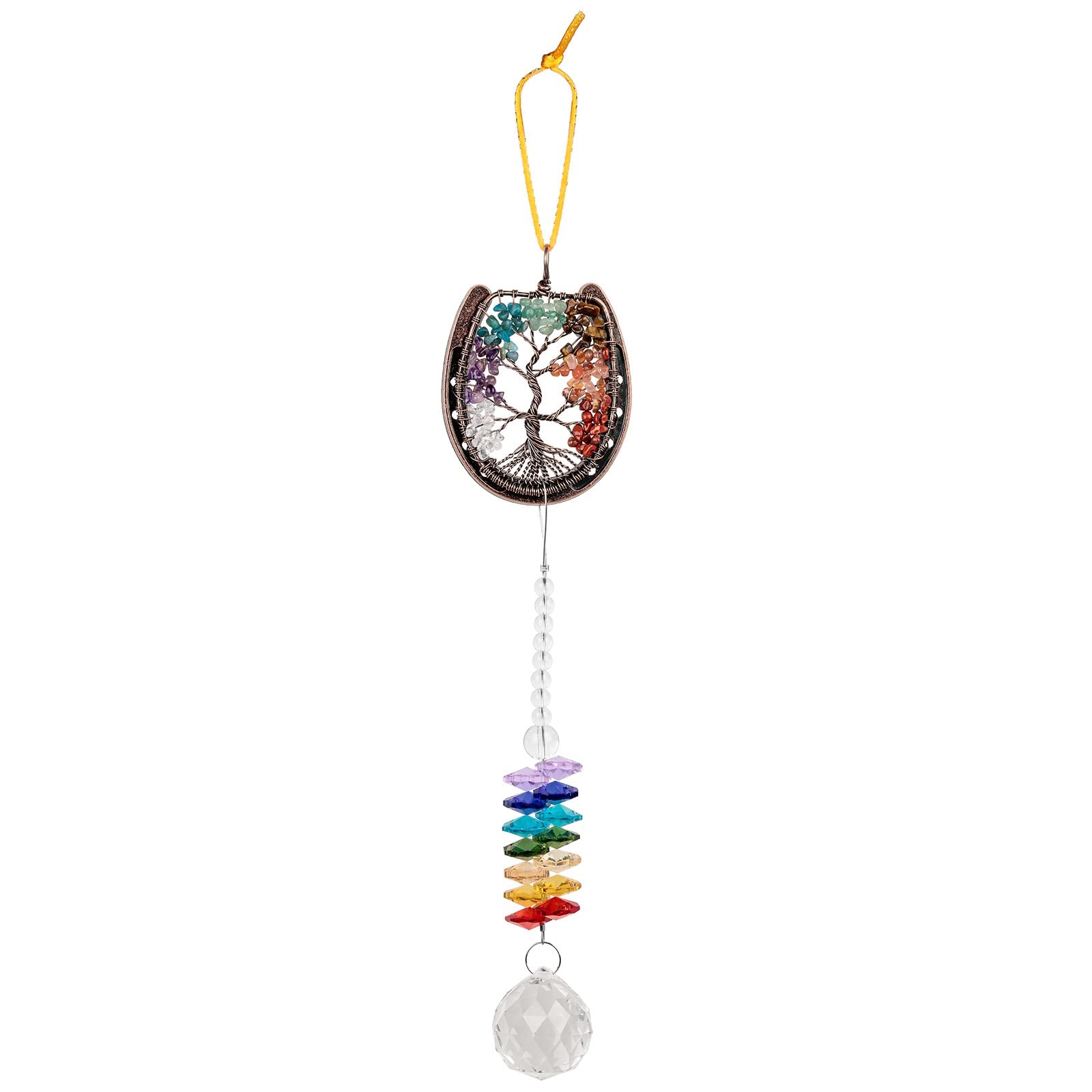 KYEYGWO Horseshoe Shape Crystal Tree of Life Hanging Ornament Reiki Chakra Stone Wall Hanger Decor for Home and Office, 7 Chakra & Suncatcher Pendant
