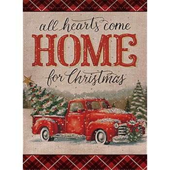 Selmad Home Decorative Christmas Garden Flag Red Truck Double Sided, Rustic Quote House Burlap Yard Flag Xmas Pickup, Outside Winter Holiday Yard Decorations, Vintage Seasonal Outdoor Flag 12 x 18