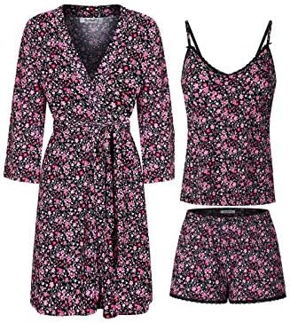 Women's Printed Robe Set with Chemise and Shorts 3 Piece Sleep Loungewear Hot Pink Black XL
