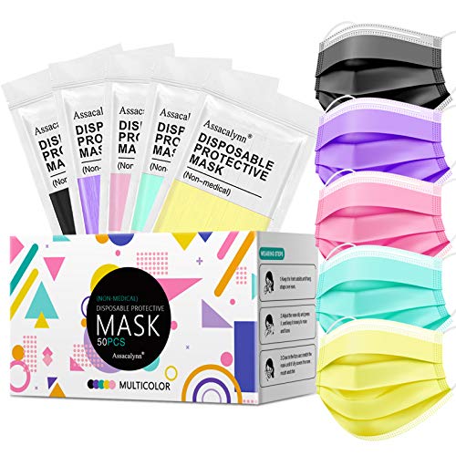 Assacalynn Face Mask Multicolored, 50PCS Colorful Disposable Face Mask