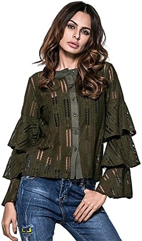 Showin Women's Elegant Lace Top Blouse Hollow Out Flower Shirt Layered Ruffle Bell Long Sleeve Round Neck Tops (XXL, GREEN)