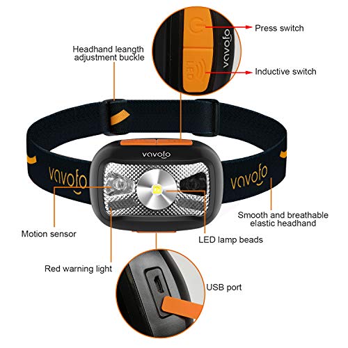 VAVOFO 2 Pack LED Rechargeable Headlamp Flashlight, Motion Sensor and Redlight Headlight for Adults and Kids Running Camping Reading Working, Lightweight, Waterproof, Adjustable Headband