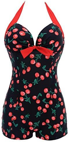 TXZTrade Women's Retro Floral Print Polka Push Up Halter Neck One-Piece Swimsuit Red Monokini bikini TXZ9007-Red-XXL
