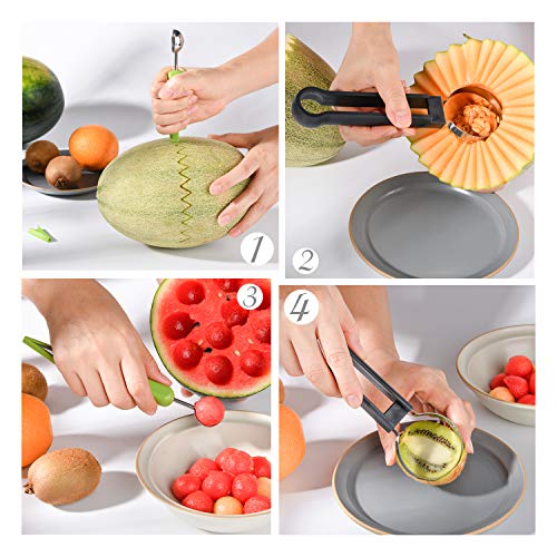 Melon Baller Scoop Set, 4 in 1 Stainless Steel Fruit Tool Set Melon