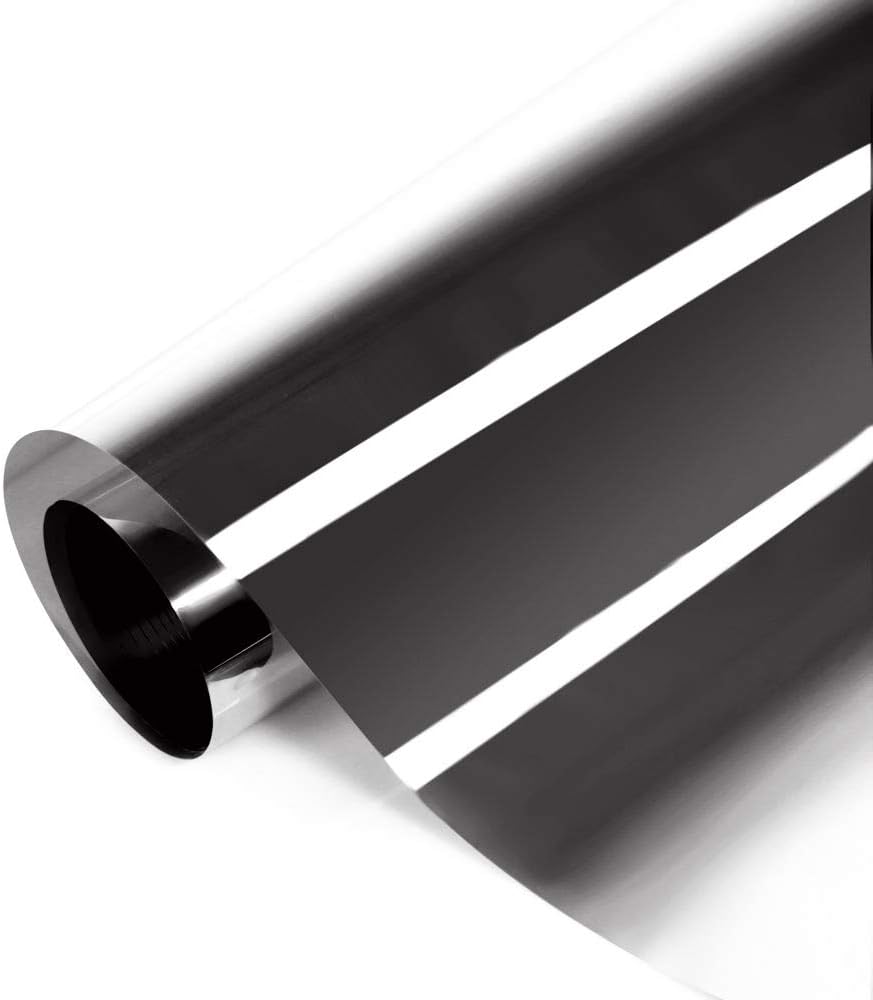 Heat Blocking Window Film, One Way Mirror Reflective Glass Tint Non-Adhesive Static Cling for Home & Office Daytime Privacy, Heat Control, UV Rejection, Glare Reduction (Black-Silver, 23.6" x 157.4")
