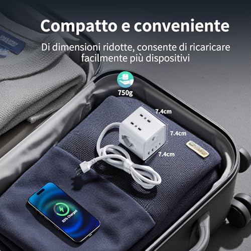 Power Strip with 4 Universal Sockets 10/16A ITA and Schuko, 5 m Electrical Extension Cable with 2 USB A+2 USB C, Multiple Plug Flat Space-Saving with Switches for Home, Office, Black