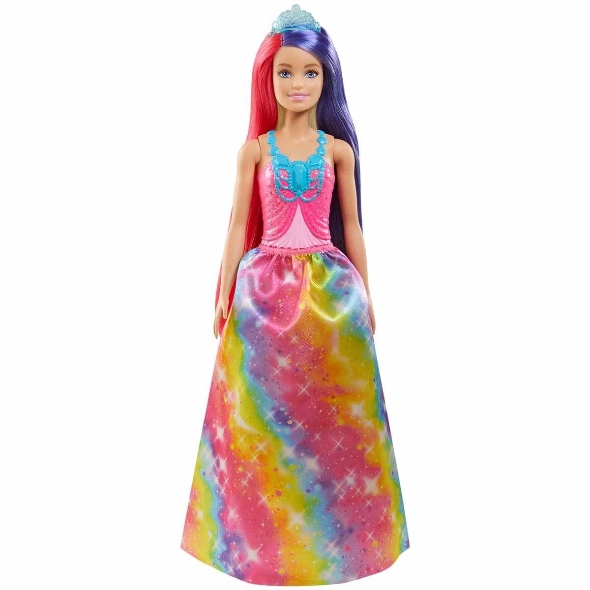 Barbie-Prinzessin Dreamtopia-Puppe mit rosa, lila und blondem Haar, Prinzessinnenrock, blauer Krone und Glitzertop, Bürste und Stylingzubehör, inkl. Barbie-Puppe, Geschenk für Kinder ab 3 Jahren.