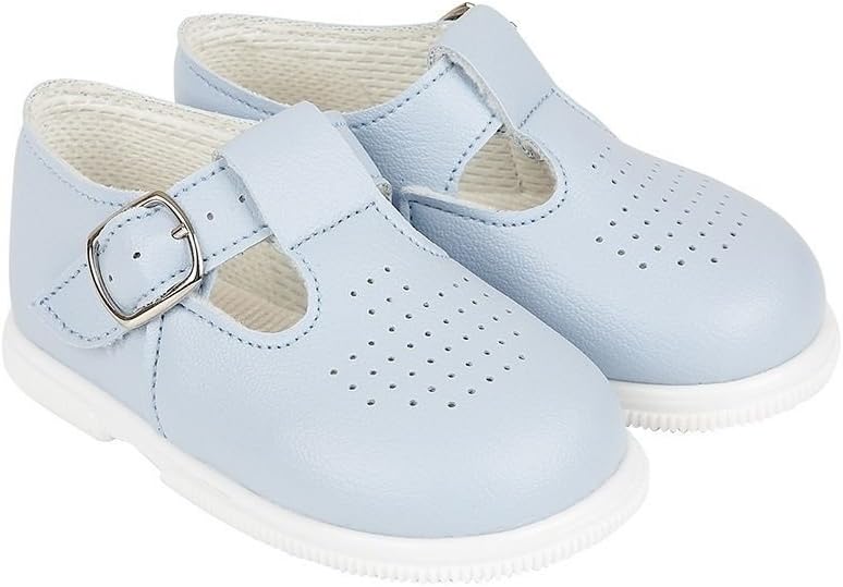 British Made Baypods Hard Sole Baby Boy Off-White Navy Sky Blue Leather Christening Walking Shoes (6 to 36 Months). Get with Two Or More Purchases