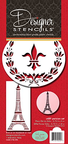 Designer Stencils C489 Parisian Cake Stencil Set, (Eiffel Tower - Fleur De Lis - Wreath), Beige/semi-transparent