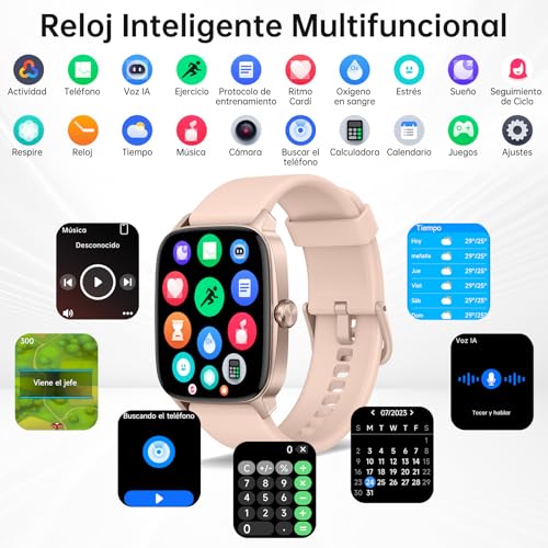Reloj Inteligente Mujer Hombre con Llamadas Bluetooth y Voz AI, 1.85'' Smartwatch con Whatsapp Notificación, Pulsómetro/SpO2/Sueño/Podómetro, 110+ Modos Deportivos, Impermeable IP68 para iOS/Android