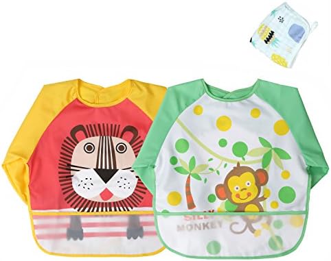 Momloves Infant Toddler Baby Waterproof Sleeved Bib, Set of 2, FREE BABY TOWELS (6-24 Months)