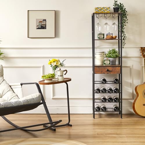 IBUYKE TMJ905H Wine Bottle Rack with Glass Door and Drawer, Brown | Countertop Bottle Storage with Shelf for Kitchen Bar Dining Room 16 Bottles