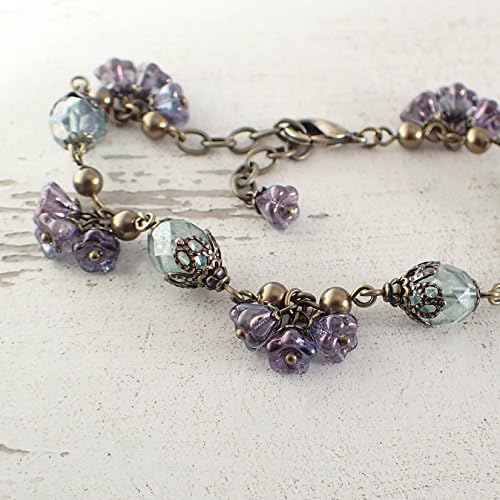Adjustable Sage Green and Lavender Antiqued Brass Flower Bracelet with Extender Chain