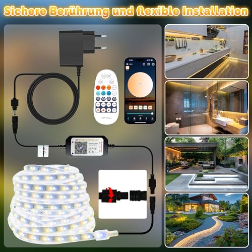 TENDIST 20 m Outdoor LED Strip, LED Strip Outdoor Warm White to Cool White, Waterproof IP67, 24 V LED Strip Light, Dimmable with Remote Control, Light Strips, Self-Adhesive Outdoor for Patio, Gazebo