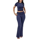 Motarto Women's 2 Piece Lounge Sets Short Sleeve Slim Fit Foldover Flare Pants Crop Top Casual Loungewear PJ