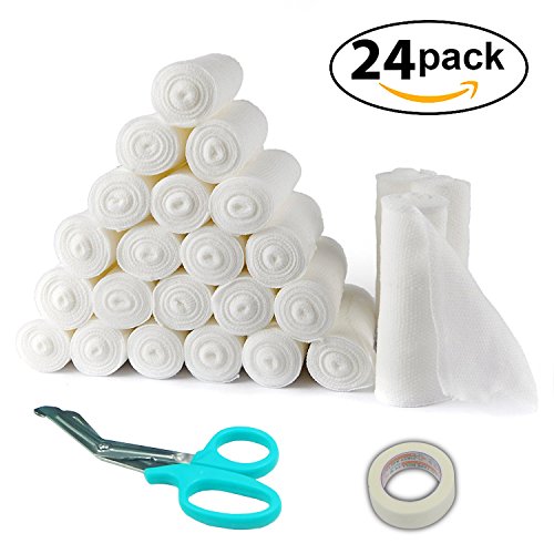 24 Gauze Bandage Rolls with Medical Tape, 4” x 4 Yards Stretched, FDA Approved