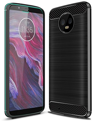 Moto G6 Case with HD Screen Protector, Ucc Frosted Shield Luxury Slim TPU Bumper Cover Carbon Fiber Design and Anti-Scratch and Non-Slip Case Cover for Moto G6 (Black)