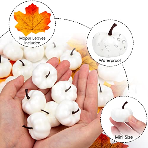HAKACC Artificial Pumpkins, 48 PCS White Fake Pumpkins Lifelike Faux Pumpkins Mini Pumpkins with Maple Leaves for DIY Crafts Halloween Thanksgiving Fillers
