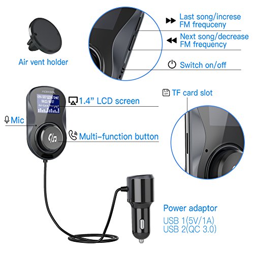 Bluetooth FM Transmitter with One Key Control,Acekool Wireless Car Radio Adapter Receiver Hands-free Call with QC3.0 and Dual USB Ports,1.44’’ Display,TF Card Mp3 Player [Air Vent Holder Include] - Thumbnail 6