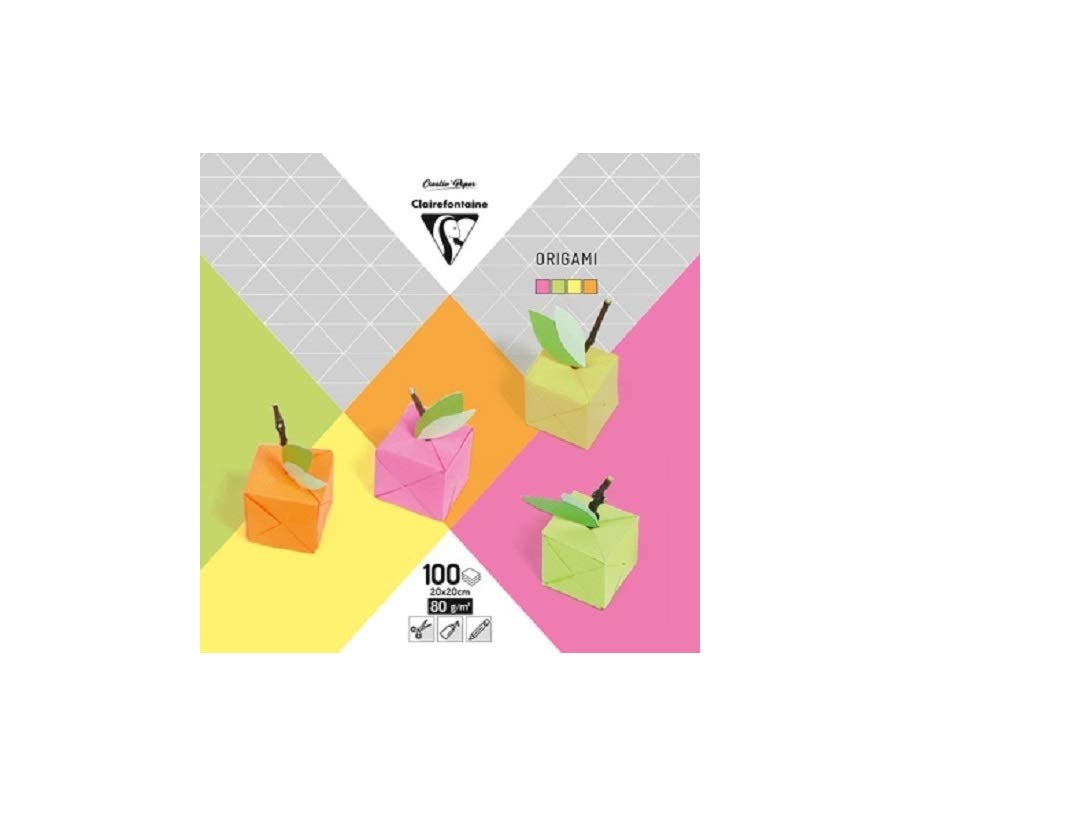 Clairefontaine - Ref 95009C - Origami Paper Pack (Pack of 100 Sheets) - 20 x 20cm in Size, 80gsm Deep-Dyed Paper, Smooth Touch - Assorted Neon Colours
