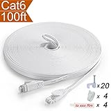 Flat Ethernet Cable Cat 6 100 ft White with Snagless RJ45 Connectors - Slim Long Internet Network Cable Cat6 Computer Cable - At a Cat5e Price but Higher Bandwidth - 100 Feet (30 Meters)
