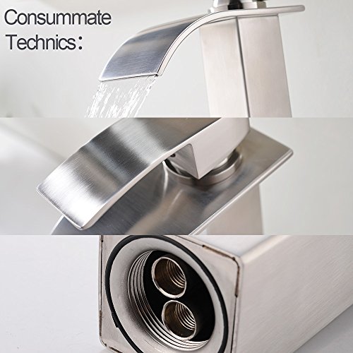 VESLA HOME Single Handle Tall Waterfall Brushed Nickel Vessel Sink Bathroom Faucet, Lavatory Vanity Sink Faucet With Large Rectangular Spout