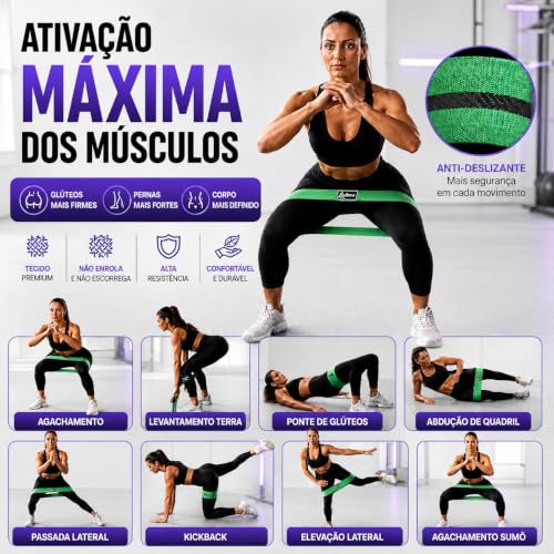 Kit 3 Faixas Elásticas Hip Band Premium | Antideslizantes e Não Enrolam | Potencialize seus Treinos | Bolsa + Guia de Exercícios e Cardápios Completos