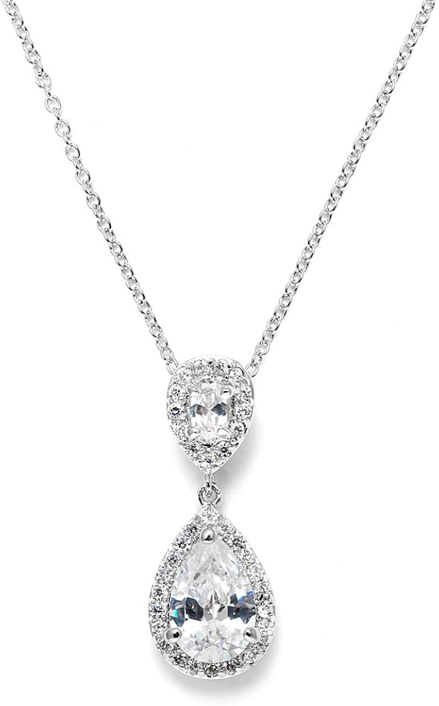 Mariell Pear-Shaped Cubic Zirconia Teardrop Bridal Necklace Pendant - Platinum Plated Wedding Jewelry