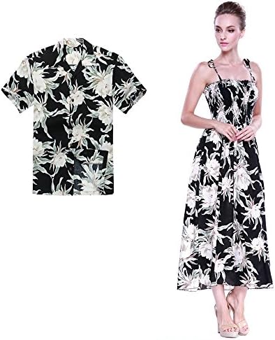 Couple Matching Hawaiian Luau Aloha Shirt Strap Dress in Waterlily Black XL