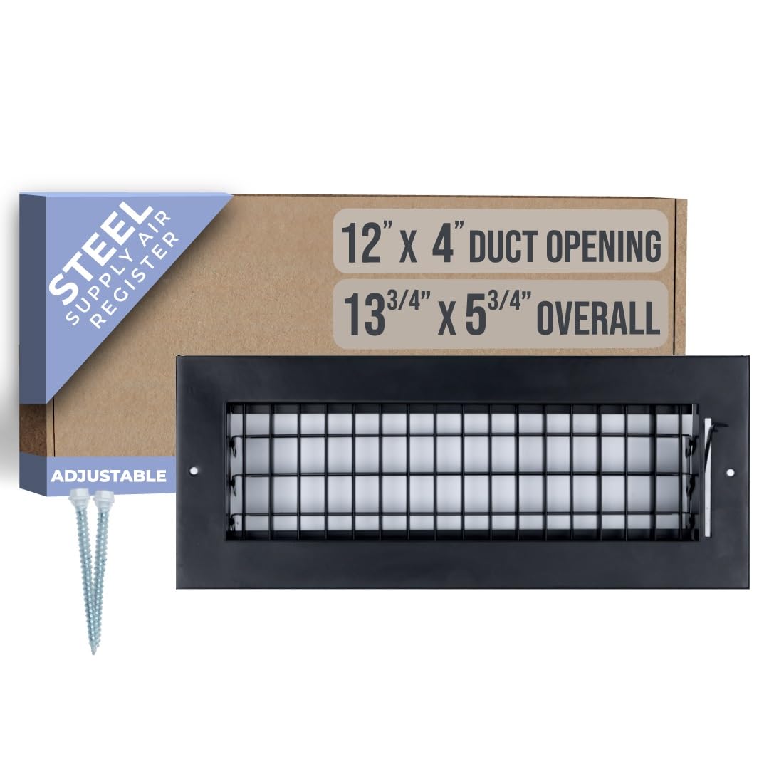Photo 1 of Fits 12x4 Duct Opening Steel Adjustable Air Supply Grille by Handua | Register Vent Cover Grill for Sidewall and Ceiling | Black | Outer Dimensions: 13.75" X 5.75"