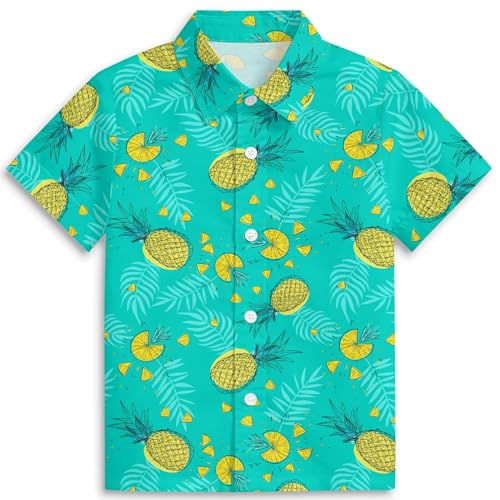 Tropical Pineapple Boys Hawaiian Shirts 3D Graphic Short Sleeve Button Down Dress Shirt Kids Beach Aloha Shirt for 3-14 Years at Amazon