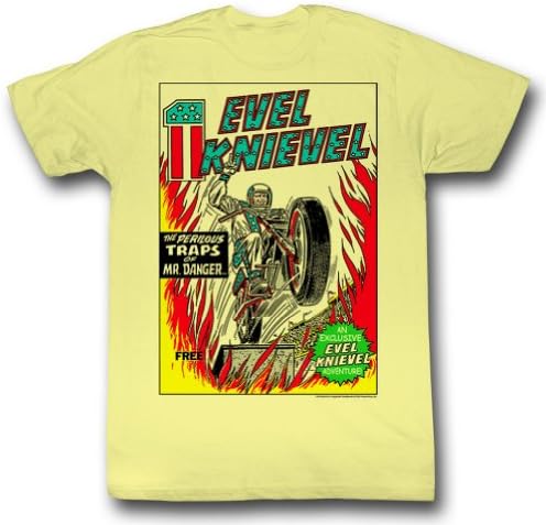 Evel Knievel - Mens Evel Comic T-Shirt, Size: Large, Color: Lemonade
