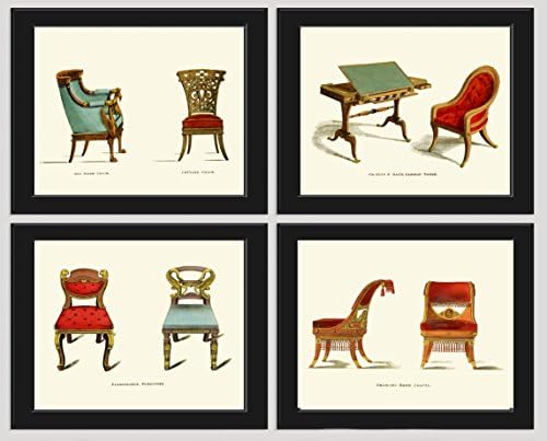 Blue Red Chair Antique Furniture Print Set of 4 Prints Beautiful Aqua Chairs Writing Desk Home Room Decor Wall Art Unframed