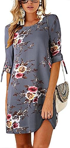 VNOOK Women's Dresses Summer Floral Print Bohemian Roll up Sleeve Casual Shirt Dress