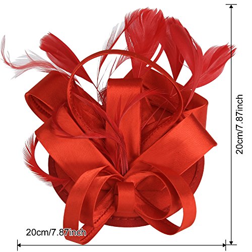 Acecharming Fascinators for Women, Feather Sinamay Fascinators with Headbands Tea Party Pillbox Hat Flower Derby Hat(Red Feather) - Thumbnail 4