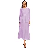 2 Pieces Tea Length Mother of The Bride Dresses Long Sleeve Chiffon Formal Wedding Guest Dress with Jacket
