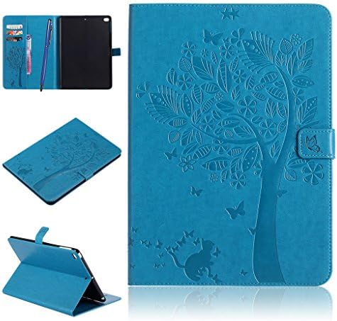 iPad Air 2 Case,Careynoce PU Leather Magnetic Flip Wallet Protective Case Cover for Apple iPad Air 2 iPad 6 (9.7") + Screen Protector and Stylus Pen - Tree and Cat(Blue)