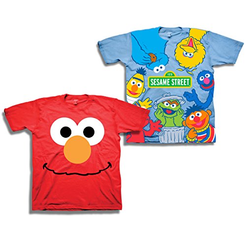 Sesame Street Short Sleeve Shirt – 2 Pack of Tees – Elmo, Cookie Monster, Ernie, Bert, Oscar The Grouch, Grover & Big Bird! (Red/Blue, 2T)