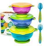 Stay Put Suction Baby Bowls - Suction Toddler Spill Proof Feeding Set | Bonus Spoon and Fork | 3 Sizes of Bowls and Snap Tight Lids | Perfect to Go Storage | FDA Approved BPA Free
