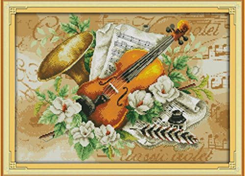 Wall House Home Decor,Flowers And The Violin Painting,11CT Printed On Canvas All Embroidery Cross Stitch Set,DIY Needlework Kits