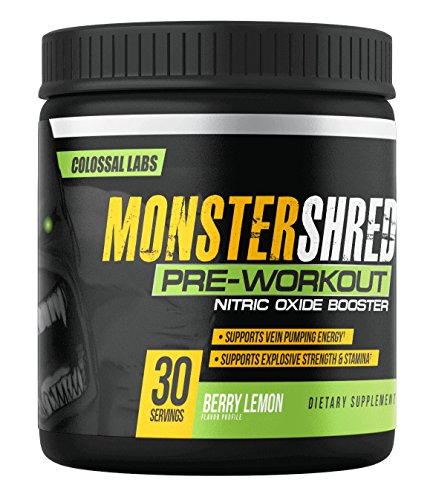 ★ PREWORKOUT POWDER, MONSTER SHRED PRE WORKOUT with Nitric Oxide, Supports Energy, Explosive Strength & Stamina, Extreme Focus and NO JITTERS (Berry Lemon)