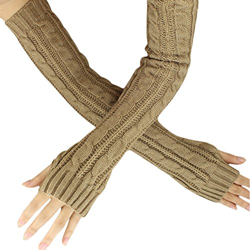 Mnyycxen Women Winter Warm Knit Fingerless Gloves Hand Crochet Thumbhole Arm Warmers Mittens (Khaki)