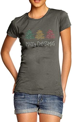 TWISTED ENVY Winter Trees Merry Christmas Women's Rhinestone T-Shirt