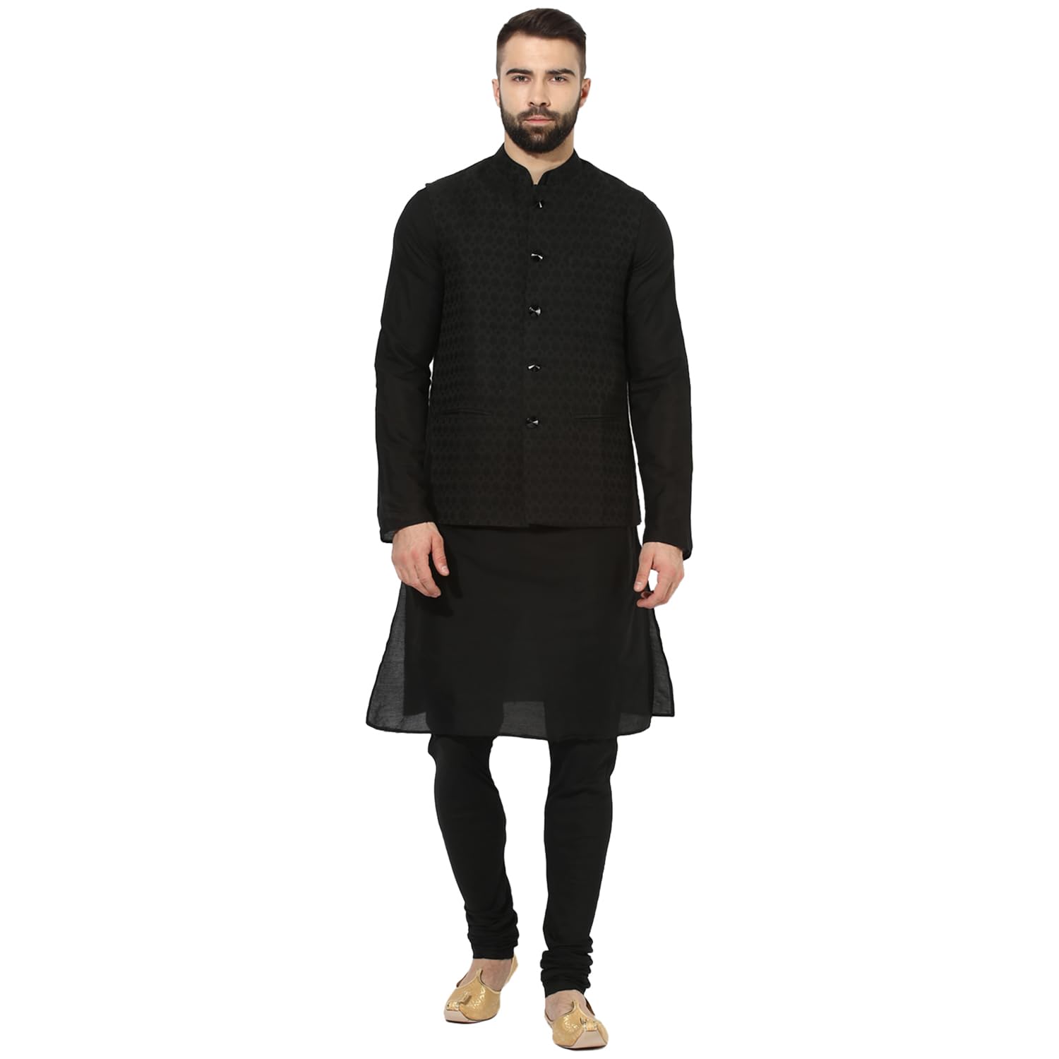 Photo 1 of *********************Missing the jacket***************
KISAH Men's Kurta Jacket Elastic Churidar Set, Silk Blend, Woven Design Regular Fit Mandarin Collar | Mens Ethnic Wear, Black-40